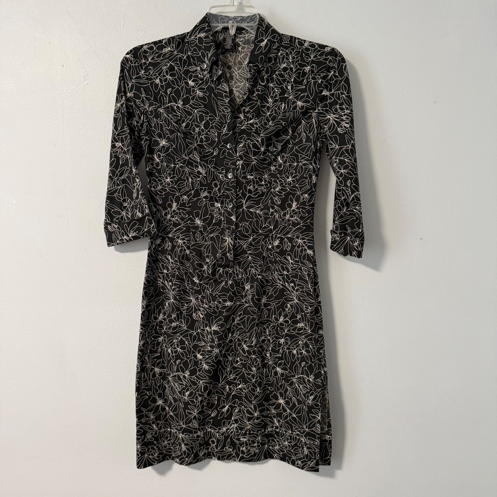 BCBGMAXAZRIA Women's Black White Floral Shirt Dress Cotton Stretch 3/4 Sleeve 4